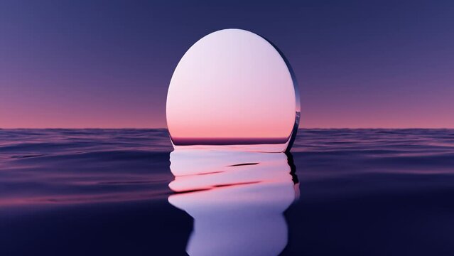  Wave sea beach and round mirror on sunset sky abstract background. Nature and summer concept. 3d render.