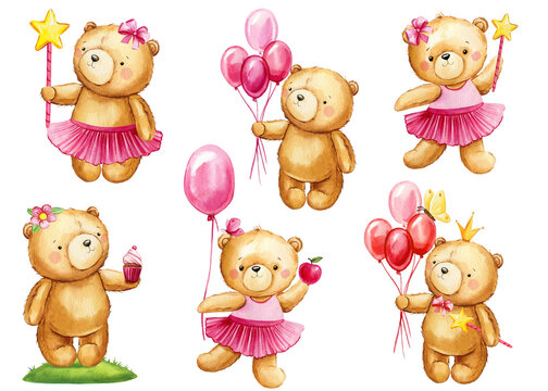 Set cute Teddy bears with balloons on isolated background. Watercolor hand drawn illustration clipart for kids birthday