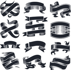 Graphic set of simple rectangle ribbons Vector black shape Image white background