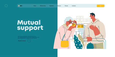 Mutual Support: Helping a visually impaired person -modern flat vector concept illustration of man offering to read label for woman in supermarket A metaphor of voluntary, collaborative exchanges