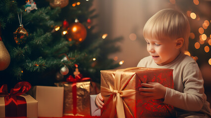 Fototapeta na wymiar Cute little boy smiling opening Christmas gift box s near Christmas tree.