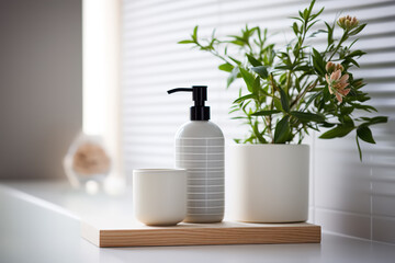 Fototapeta na wymiar Close-up of a mug and a jar of hygiene soap in the bathroom