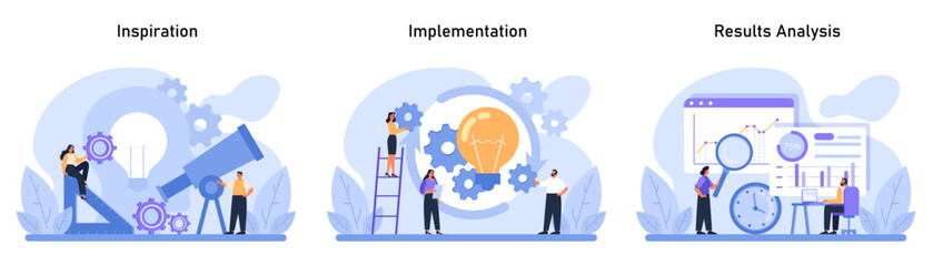 Design Thinking set. Journey from inspiration to implementation and results analysis. Visualizing the process of bringing ideas to life and evaluating success. Flat vector illustration