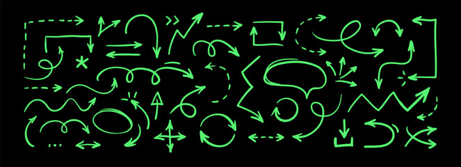 Set of thin doodle hand drawn arrows. Collection of isolated cartoon sketchy arrows, symbols, signs, icons, design elements. Simple vector graphical illustration.