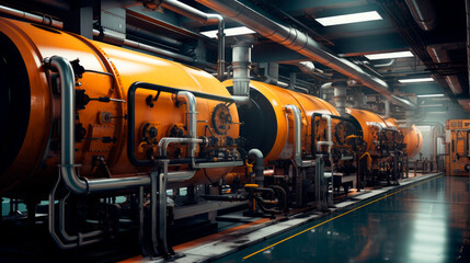 A modern industrial boiler, industrial building interior.