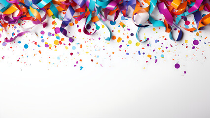 Colorful falling confetti on white background.