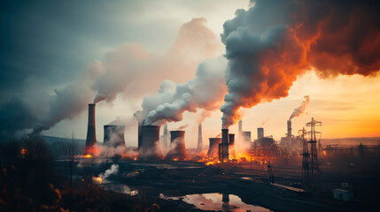 Obraz premium Smoke from heating station during winter season. Smokestack pipes emitting co2 from coal thermal power plant into atmosphere.