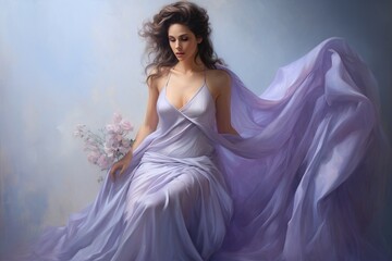 An elegant figure in a flowing lavender gown, standing gracefully against a backdrop of soft baby blue.