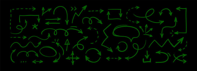 Set of thin doodle hand drawn arrows. Collection of isolated cartoon sketchy arrows, symbols, signs, icons, design elements. Simple vector graphical illustration.