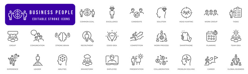 Business people line icon set. Process, team work and human resource management. Editable stroke
