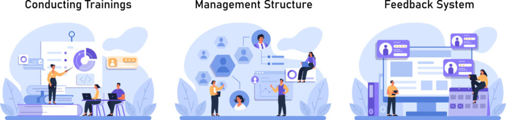 Corporate Activities set. Professionals diving into dynamic training sessions, establishing hierarchical links, and engaging in reviews. Trainings, Management, and Feedback System. Flat vector.
