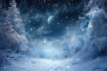 Naklejka premium Fairy forest covered with snow in a moon light. Milky way in a starry sky. Christmas and New Year winter night