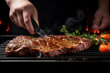 Cooking beef steak on grill pan by chef hands on black background for copy space text restaurant menu