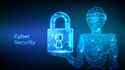 Lock. Cyber security. Abstract 3d low polygonal robot holding Padlock With Keyhole icon. Protect and Security or Safe concept. Cyber data security or information privacy idea. Vector Illustration.