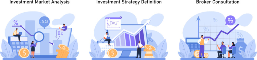 Financial Expertise set. Detailed analysis of investment markets, strategic investment planning, and personalized broker consulting services. Professional insights into asset allocation. Flat vector.