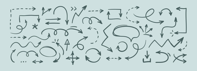Set of thin doodle hand drawn arrows. Collection of isolated cartoon sketchy arrows, symbols, signs, icons, design elements. Simple vector graphical illustration.