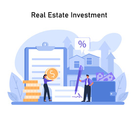 Obraz na płótnie Canvas Real Estate Investment. Insightful guidance on property markets, potential gains, and financial benefits of real estate assets. Navigating investment opportunities. Flat vector illustration.