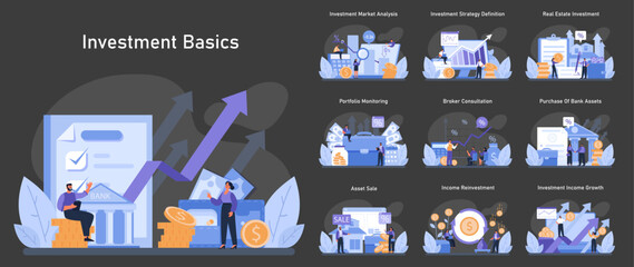 Investment basics set. Financial growth strategies, market analysis, and asset management. Essential concepts for portfolio building and income investment. Flat vector illustration.