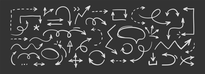 Set of thin doodle hand drawn arrows. Collection of isolated cartoon sketchy arrows, symbols, signs, icons, design elements. Simple vector graphical illustration.