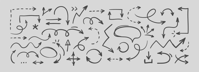 Set of thin doodle hand drawn arrows. Collection of isolated cartoon sketchy arrows, symbols, signs, icons, design elements. Simple vector graphical illustration.