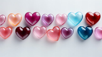 Valentine's day background with colorful hearts on white background. Top view. Generative AI technology.