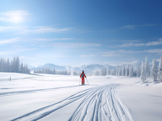snowy mountain with person standing in the middle skiing. Generative AI