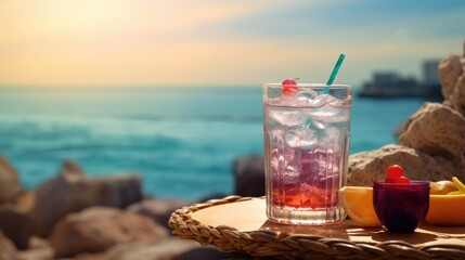 Glass with tropical cocktail and beautiful view of ocean as a background