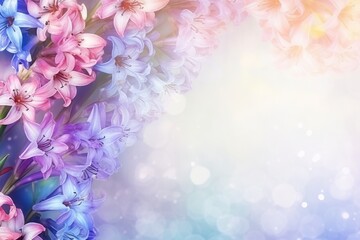 Delicate, blurry, foggy background with flowers close-up. Hyacinths are pink, blue. a greeting card. pattern. Flat style. place for text