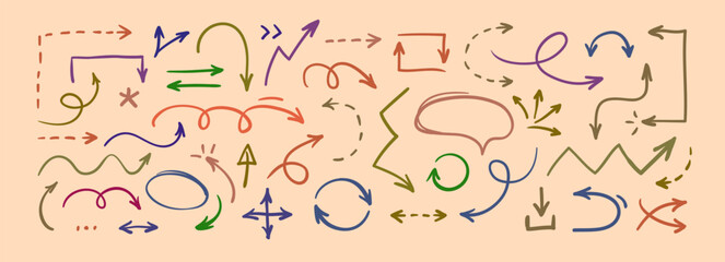 Set of thin doodle hand drawn arrows. Collection of isolated cartoon sketchy arrows, symbols, signs, icons, design elements. Simple vector graphical illustration.
