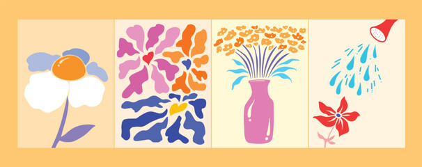 Fototapeta na wymiar Four colorful abstract natural flower themed paintings. Vector illustration set collection for thisrt or poster design isolated on vertical yellow. Simple flat cartoon minimalist art styled drawing.