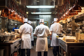 back view of Group chefs busy in commercial kitchen of fine dinning restaurant - obrazy, fototapety, plakaty