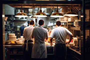 back view of Group chefs busy in commercial kitchen of fine dinning restaurant