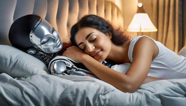Cyborg and beautiful woman sleeping together.