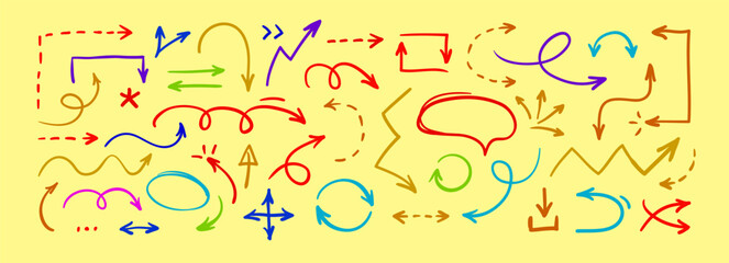 Set of thin doodle hand drawn arrows. Collection of isolated cartoon sketchy arrows, symbols, signs, icons, design elements. Simple vector graphical illustration.