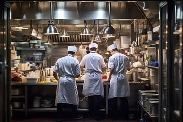 back view of Group chefs busy in commercial kitchen of fine dinning restaurant - obrazy, fototapety, plakaty