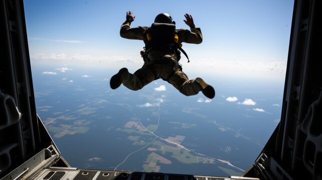 Airborne soldier with parachute on back jumps out of plane at sunrise light. Paratrooping military forces officer practices for mission. Trained man dives in open air from army airplane board