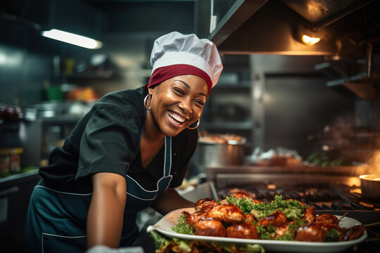 African American female chef having fun while preparing food in the kitchen at restaurant.