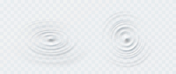 Ripple set, splash water waves surface from drop isolated on transparent background. White sound impact effect top view. Vector circle liquid shampoo, cream or gel swirl round texture template