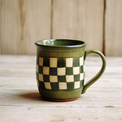 Cup of tea or coffee on tablecloth with wooden background.AI generated