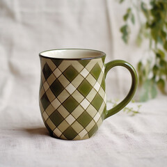 Cup of tea or coffee on tablecloth with wooden background.AI generated