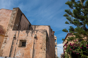 Crete island, Chania Old Town, Greece. Under view of upper part of Agios Nikolaos Church, blue sky.