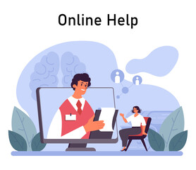 Psychotherapy. Psychiatrist consulting a patient on mental health disorders. Thoughts and emotions analysis. Group, drug, art and animal therapy. Flat vector illustration