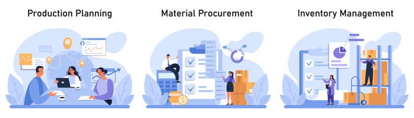 Supply Chain Management set. Illustrating the seamless flow of production planning, material procurement, and inventory management. Strategic business operations in modern design. vector illustration - obrazy, fototapety, plakaty