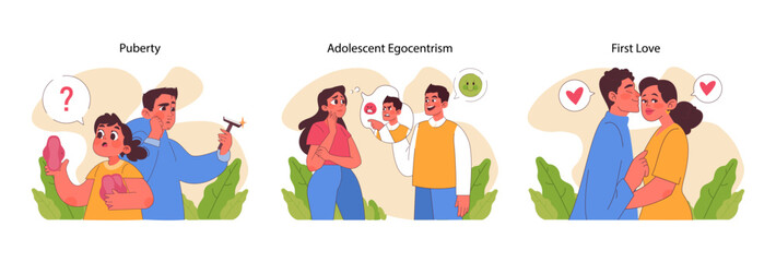 Adolescent Development stages set. Depicts curious puberty phase, intense egocentrism during adolescence, and the tenderness of first love. Evocative emotional journey. Flat vector illustration - obrazy, fototapety, plakaty