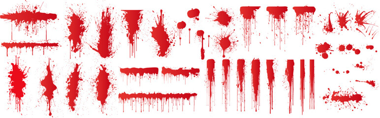 Diverse Set of Grunge Red Blood Splatters and Drips for Horror and Thriller Designs. Realistic views of red paint texture with great detail. Vector illustration - obrazy, fototapety, plakaty
