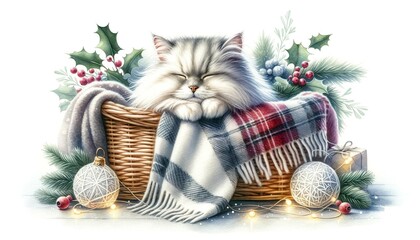 Serene Slumber: Fluffy Cat in Woven Basket Amidst Winter Wonderland, Isolated on White Background