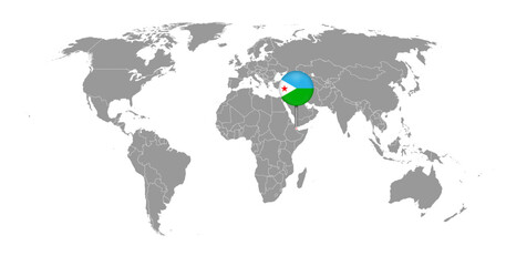 Pin map with Djibouti flag on world map. Vector illustration.