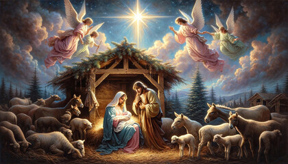 The Star of Bethlehem: Nativity Scene of Jesus Birth with Mary, Joseph and Angels. - obrazy, fototapety, plakaty