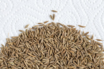 Cumin Jeera spice background. close-up view of zira. Cumin seeds from above. High angle photo of zira jeera cumin spices