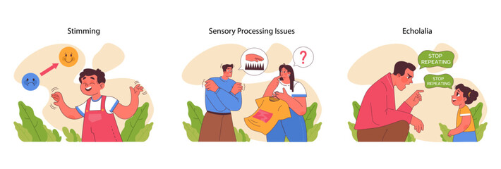 Fototapeta premium Autism spectrum coping strategies set. Illustrates stimming, sensory processing issues, and echolalia in individuals with ASD. Encourages understanding and support. Flat vector illustration